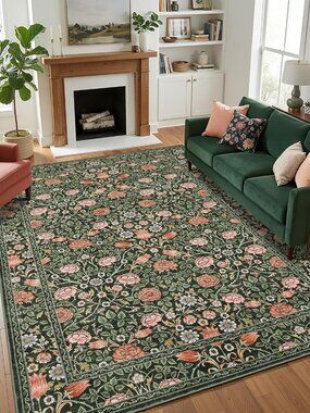 Dark Green Vintage Floral Washable 5x7 Area Rugs for Living Room Boho Botanical